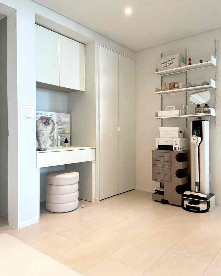 A modern, clean small room in white and beige tones featuring a built-in vanity, shelves with objets, a cat, storage cabinet, and a vacuum cleaner.