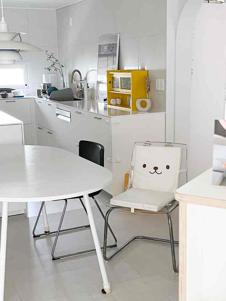 White-toned living and kitchen space featuring a transparent chair with cute dog cushion in a modern interior