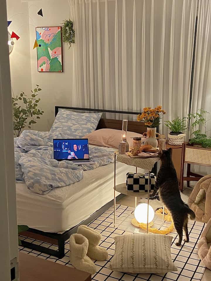 White and beige toned bedroom with a laptop on bed creating a home cafe vibe, featuring a cat standing beside a small table in a cozy setting