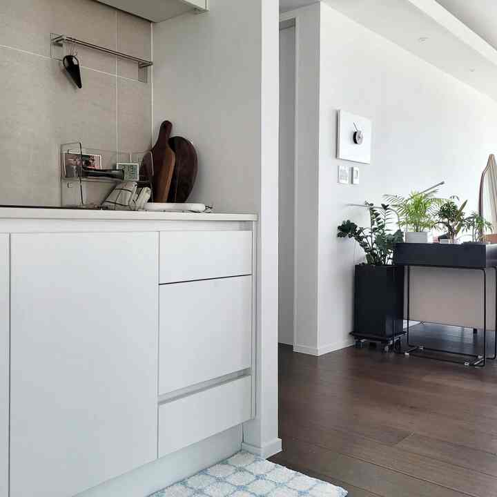 A clean and minimal kitchen-living space in white and dark brown tones, featuring natural wooden cutting boards and green plants
