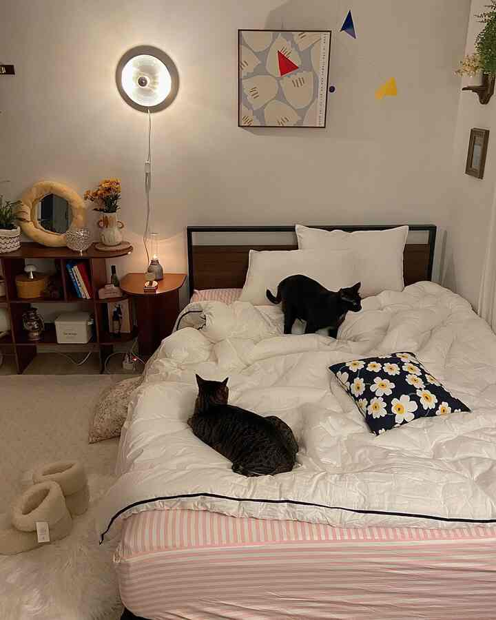 白い壁と木目調の家具が調和した寝室、白い掛け布団カバーの上に2匹の猫がいる雰囲気のある空間