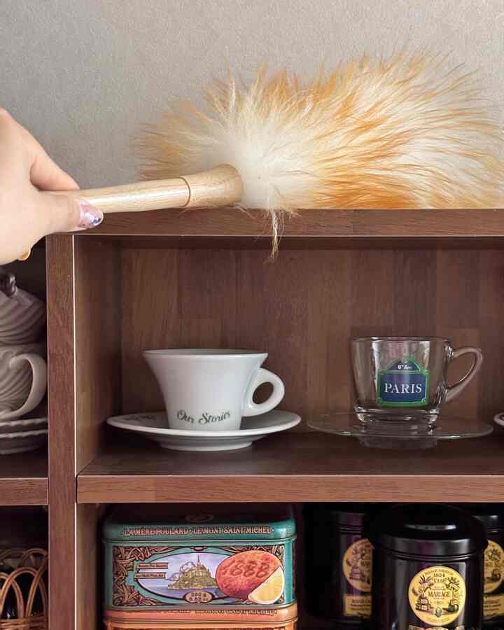 Warm wood tone cabinet featuring coffee cups and plates organized in a cozy kitchen interior