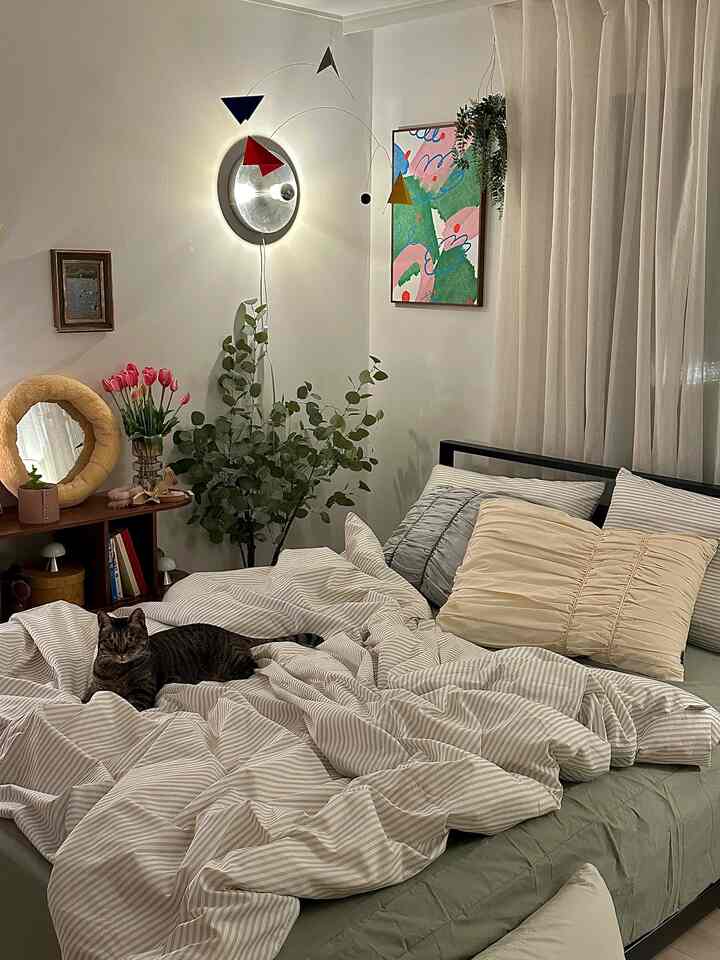 Natural color modern bedroom featuring a central bed with pillows and a cat, creating a cozy atmosphere