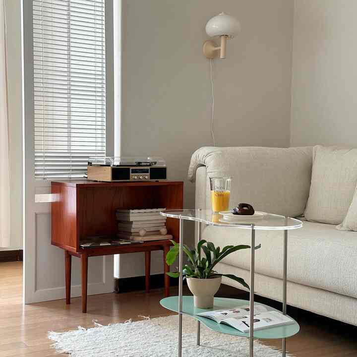 Ivory sofa, wooden bookcase, and transparent acrylic coffee table in a Nordic-style living room interior