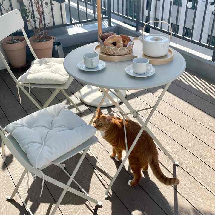 A balcony space with white and wood tones featuring a table with chairs and a pet cat, creating a cozy home cafe atmosphere