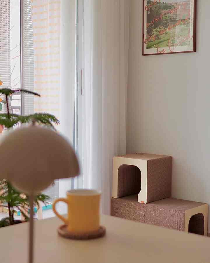 ホワイトとベージュの色調のリビング、窓とカーテン、猫の爪とぎや黄色いマグカップがある雰囲気の良い空間