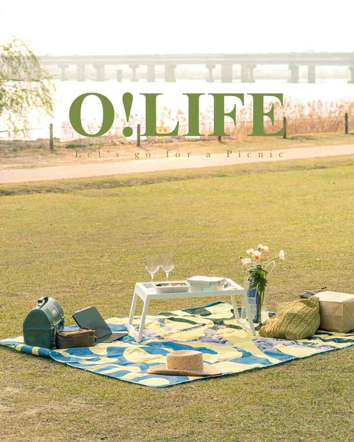 Green and yellow outdoor picnic space featuring a colorful mat with a white tray and picnic items arranged in a cozy setting