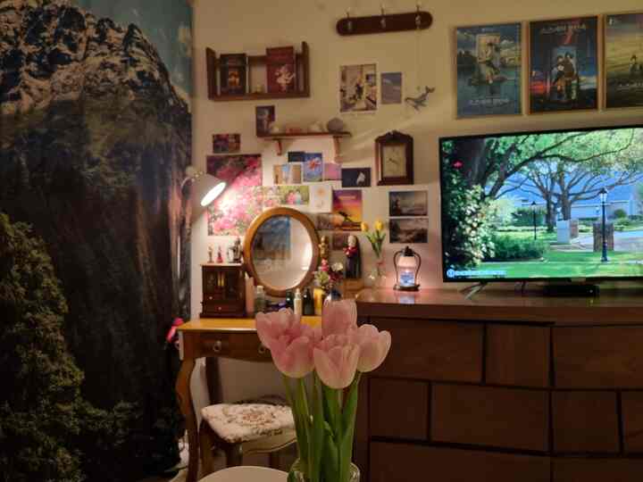 Cozy living room with brown wood-tone furniture and vintage posters, accented by pink tulips in foreground