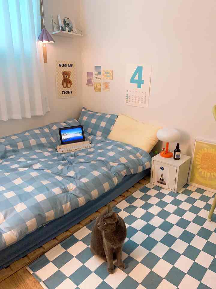 Sky blue and white checkerboard patterned bedding and rug in a bedroom, featuring a gray cat sitting centrally on the floor, cozy and kitsch atmosphere
