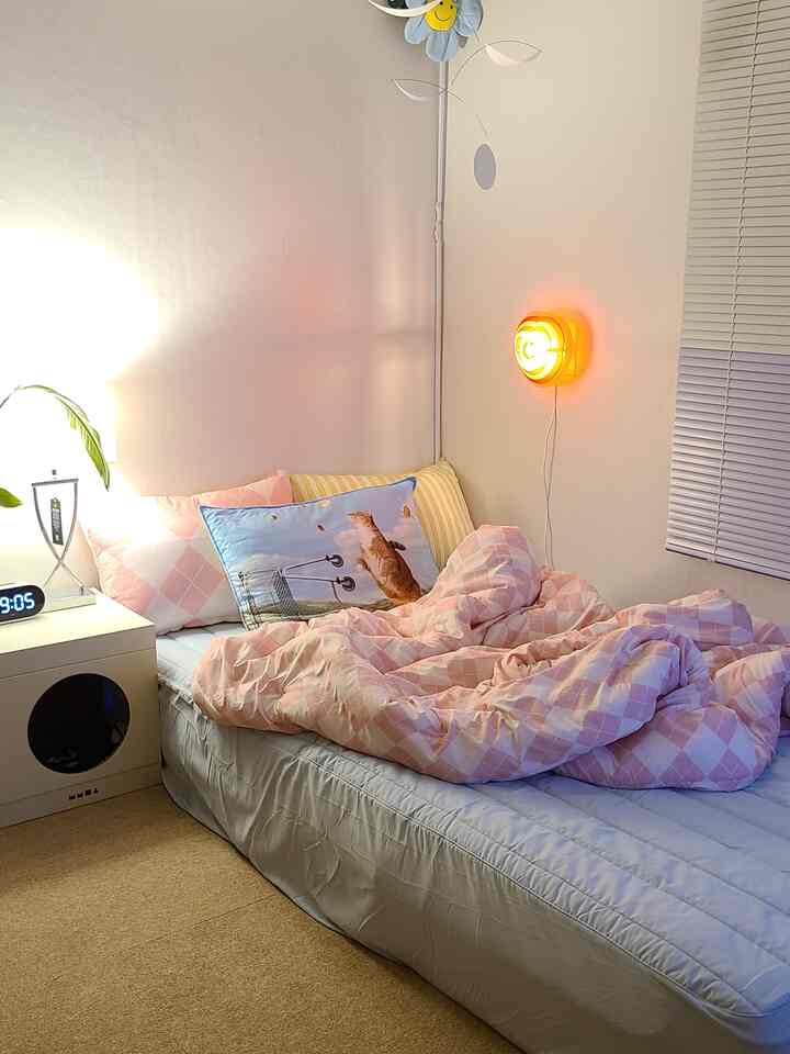 ピンクのチェック掛け布団と猫のプリント枕が置かれたアイボリーの壁の寝室、温かみのある雰囲気のインテリア