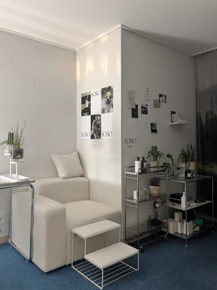 White and blue toned living room featuring a single sofa, plants, and dog photo posters on the wall creating a cozy atmosphere