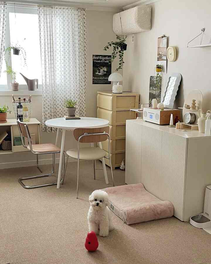 A white and beige toned living room featuring a round dining table and dresser with a natural, pet-friendly atmosphere