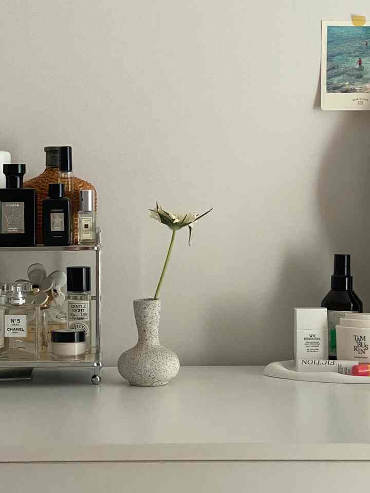 Beige-toned wall with a clean vanity featuring minimal accessories and a single flower in a textured vase