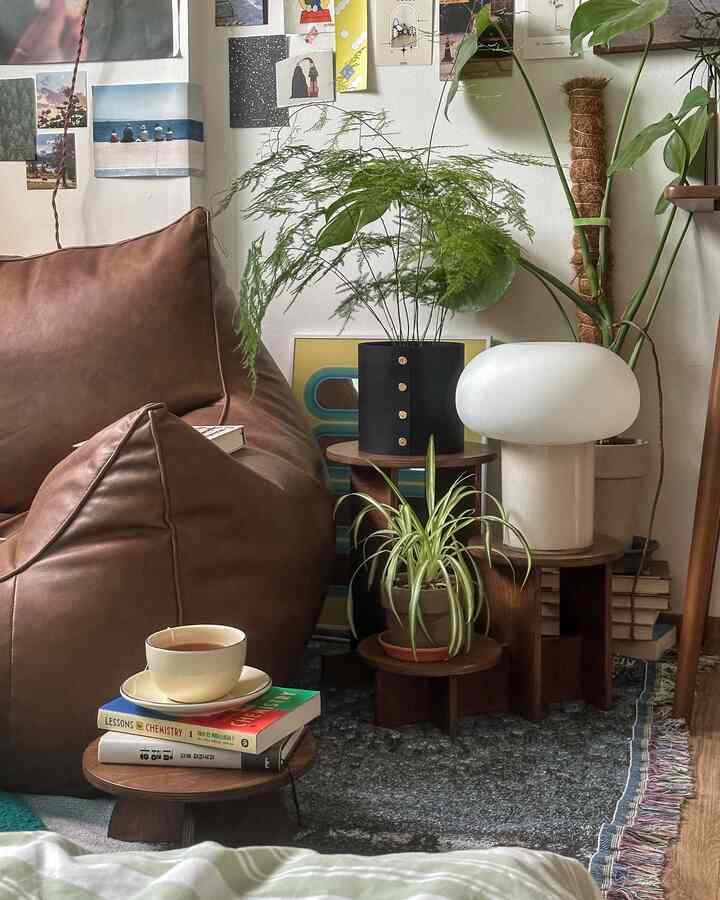Cozy living room featuring brown bean bag, wooden plant stands, and white table lamp
