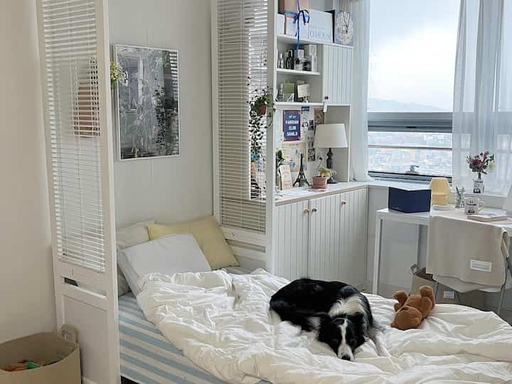 White and wood-toned 7-pyeong studio bedroom featuring a room divider and desk, creating a cozy and tidy atmosphere