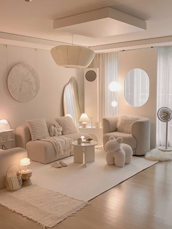 A soft beige and white toned living room featuring modern sofas and delicate lighting, creating a cozy atmosphere