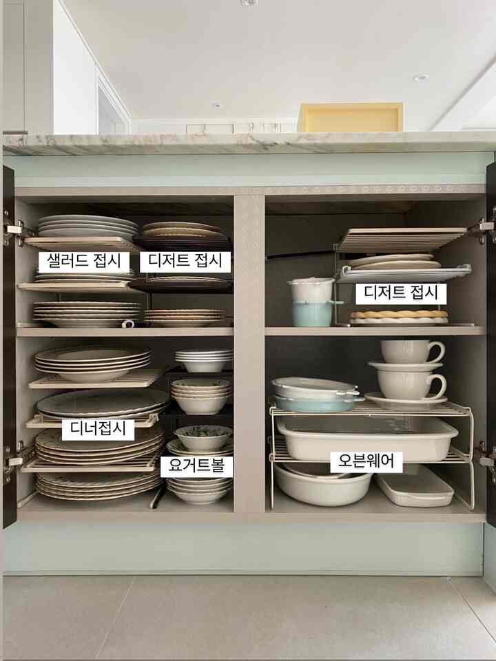 Kitchen cabinet interior in white and beige tones featuring neatly organized vintage plates and ovenware