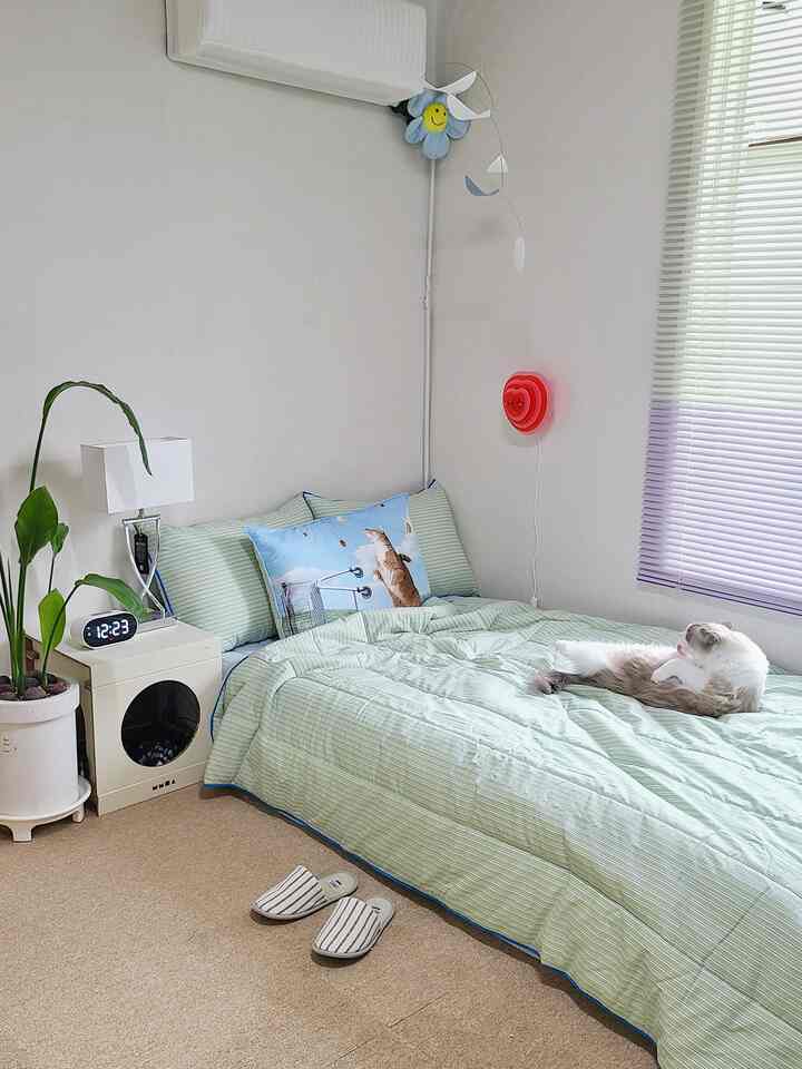 明るいホワイトとミントグリーンの色調の寝室、猫がベッドでくつろぐ清潔でモダンなインテリア