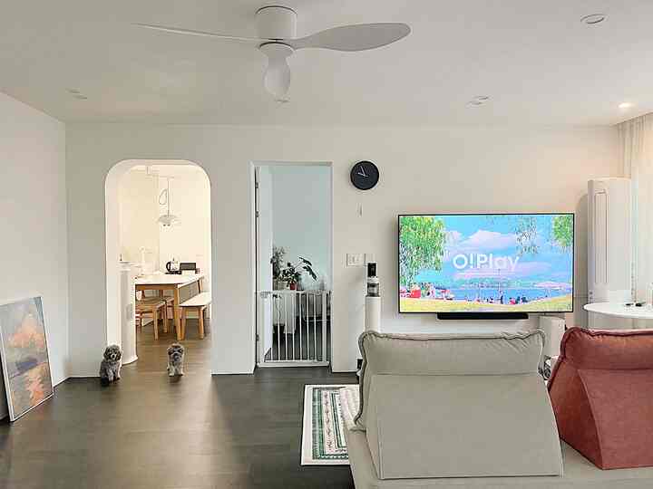 Modern living room with white walls and ceiling, dark brown flooring, featuring sofas and a wall-mounted TV in a calm interior