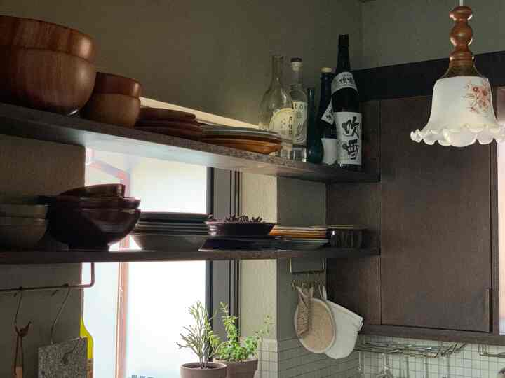 Wood-toned vintage kitchen featuring multi-purpose shelves, vintage bowls, and potted plants, creating a cozy atmosphere