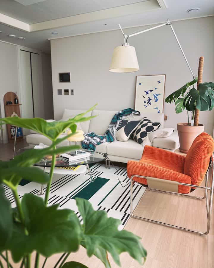 Bright mid-century modern living room featuring white sofa, orange armchair, and green plants in harmonious arrangement