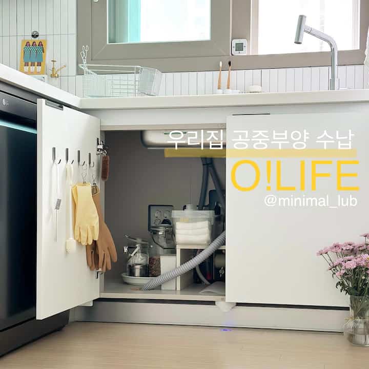 White-toned kitchen featuring an organized lower cabinet under the sink with gloves and storage items in a minimal setting