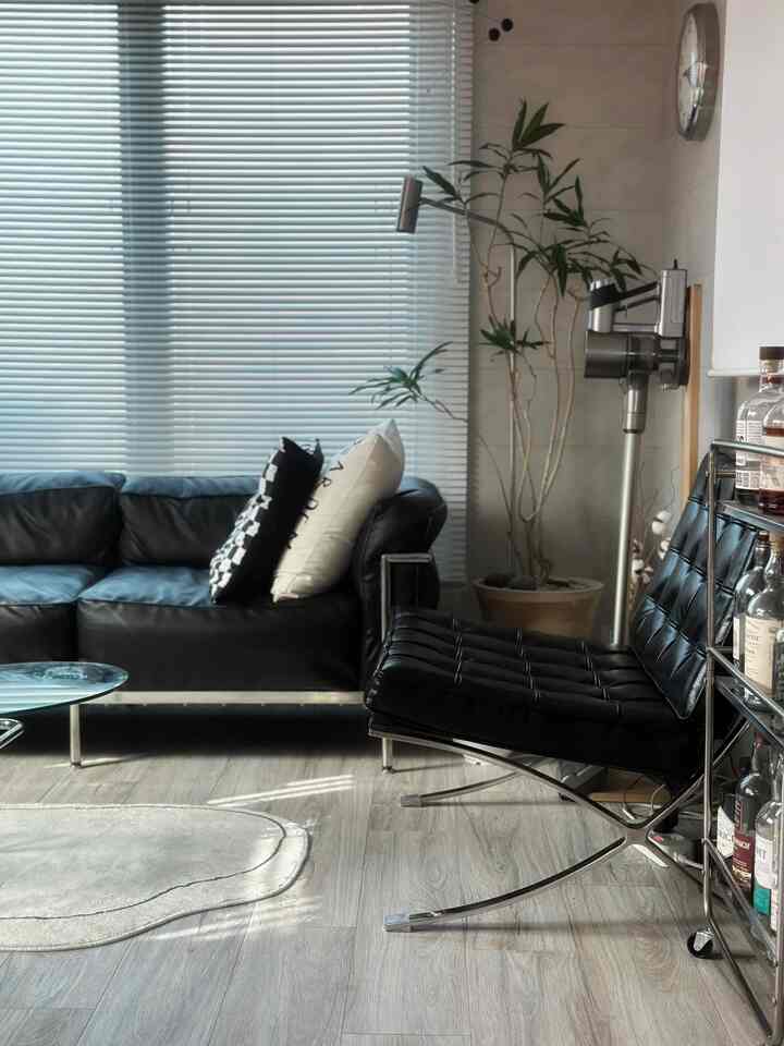 Living room in black and white tones featuring blinds, black leather sofa, and lounge chair with a modern atmosphere