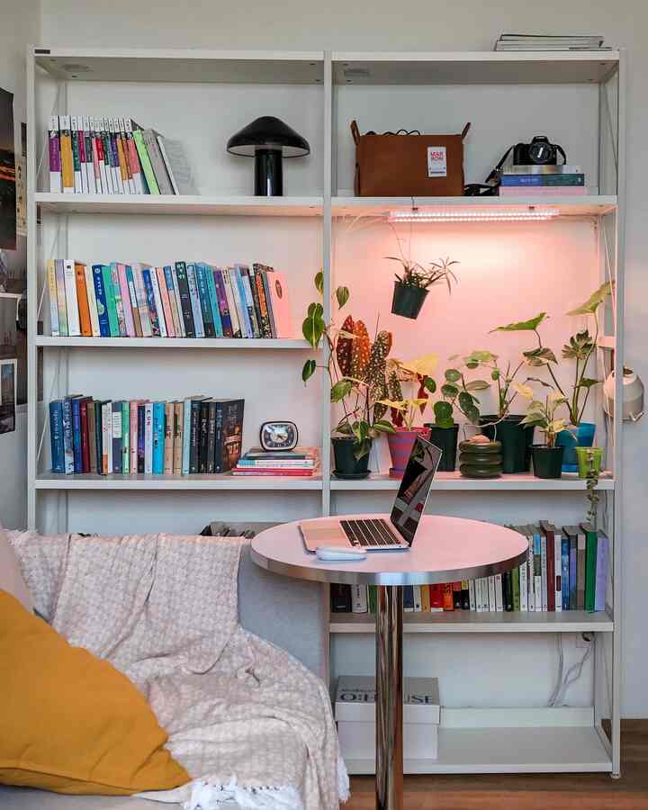 明るい白色調の小さな部屋、植物と育成ライトが置かれた棚とノートパソコンがある丸テーブルが配置された雰囲気のある空間