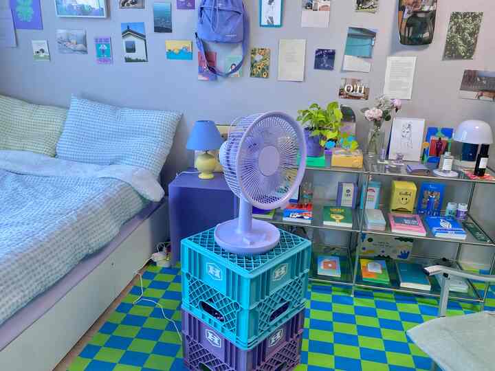 Blue and green toned small bedroom featuring a single bed and bookshelves in a cozy cafe-style space