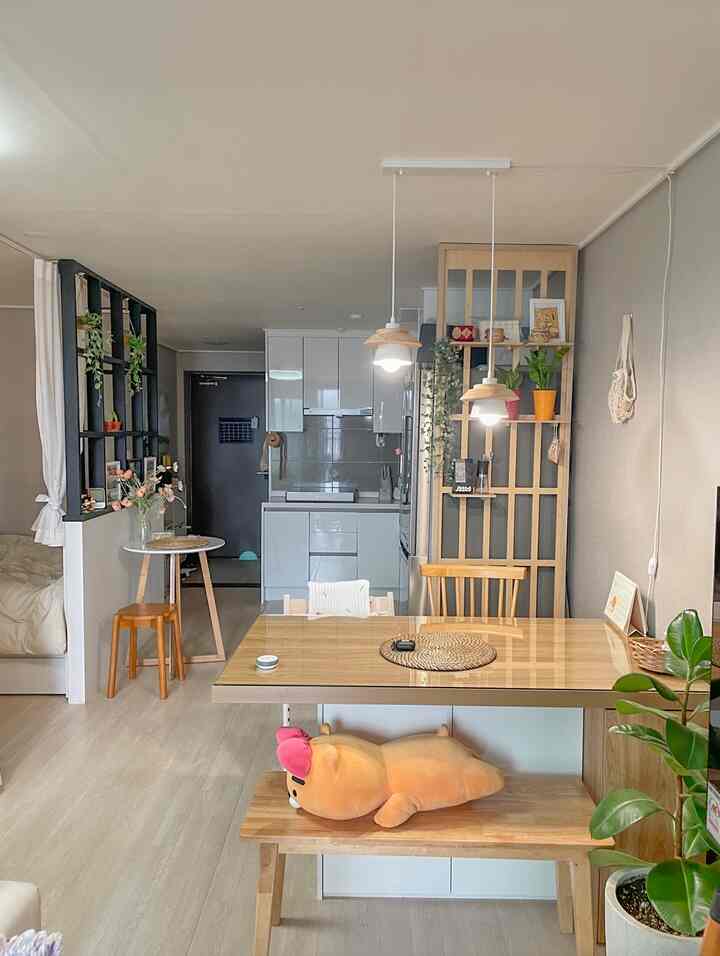 White and wood-toned studio apartment kitchen and dining area with room dividers and shelving creating a natural partitioned interior