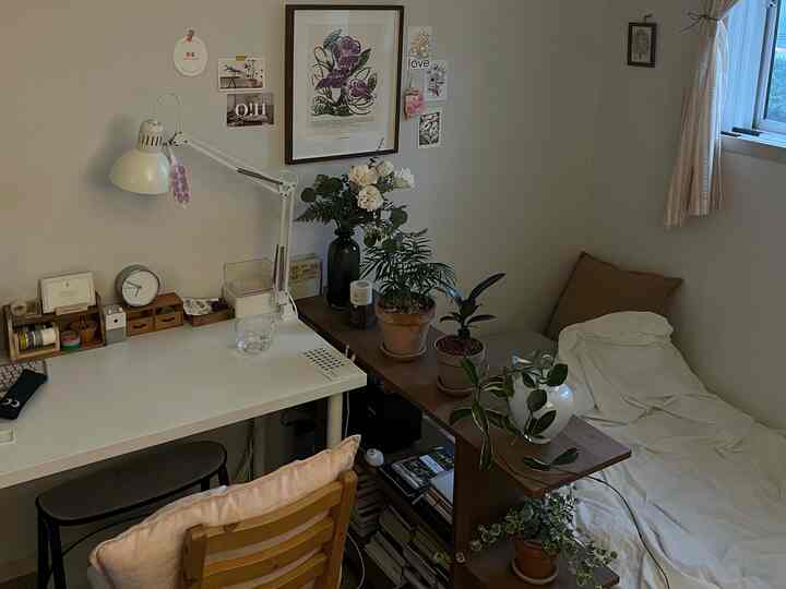 Natural toned small bedroom featuring a white desk, brown wooden chair, multiple plants, and cozy arrangement