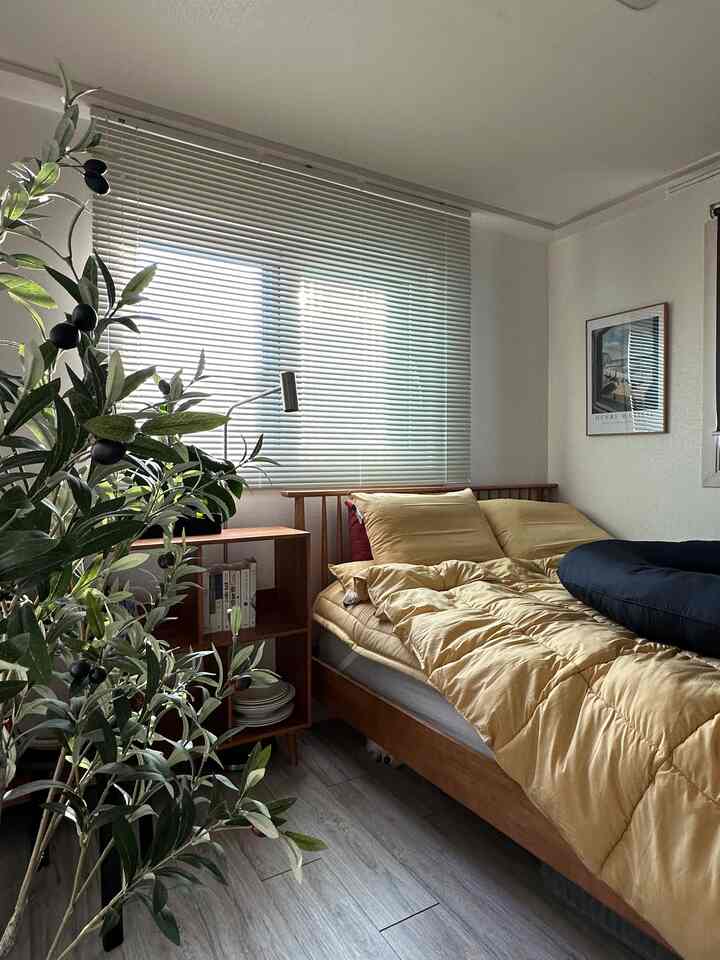 A cozy compact bedroom featuring natural wood tones and white walls, with a bed, floor lamp, and a green plant creating a serene atmosphere