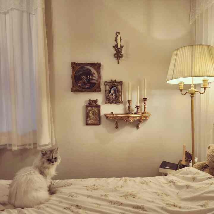 暖かいベージュとホワイトの色調の寝室、可愛い猫がベッドに座り、アンティークの額絵と燭台が壁に飾られた雰囲気のあるインテリア