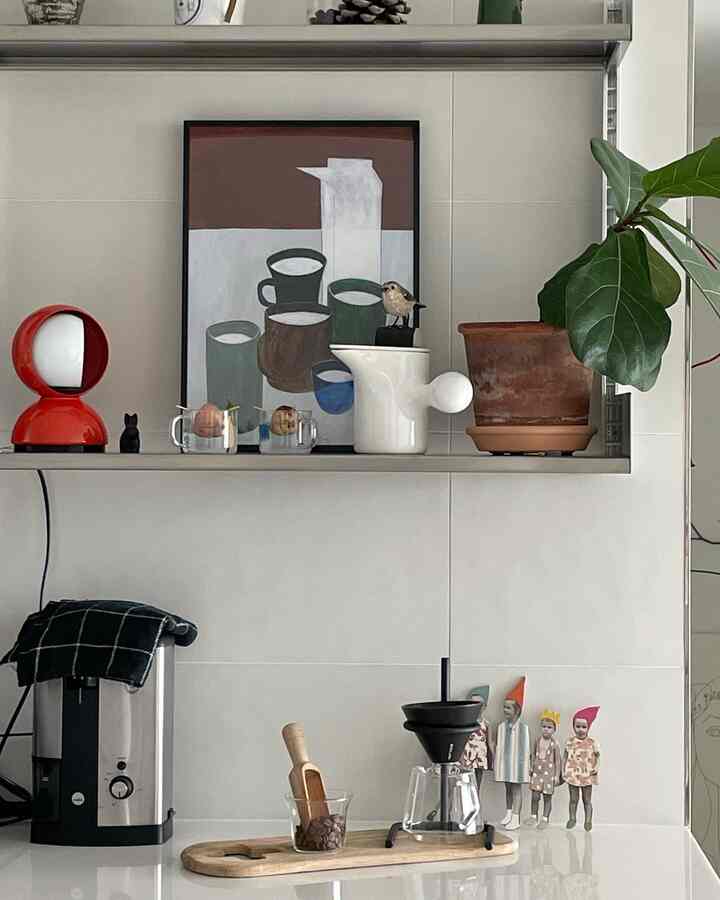 White-toned kitchen wall with kitchenware and shelf displaying plants and decor, creating a minimal interior space