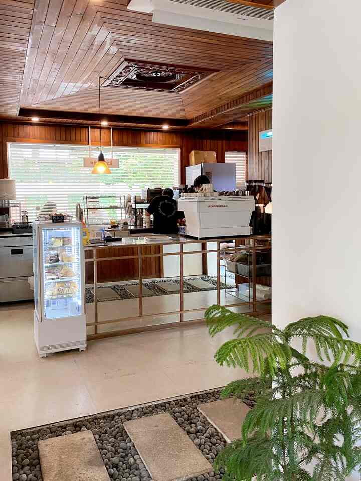 Wood tone and natural color vintage-style old house cafe interior featuring pendant lights and plants as accents