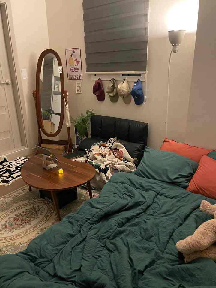 温かみのあるウッドトーンと深いグリーンの調和した小さなリビング兼寝室、ソファベッドと全身鏡、壁にかかった帽子が印象的な空間