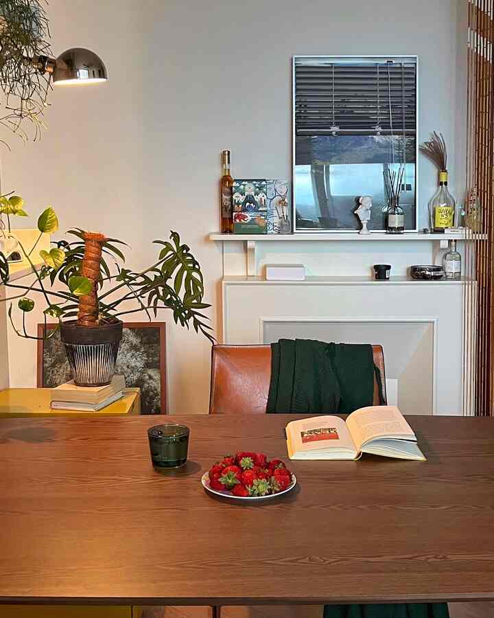 Natural wood-toned dining room featuring a wooden dining table with vibrant plants, creating a cozy atmosphere