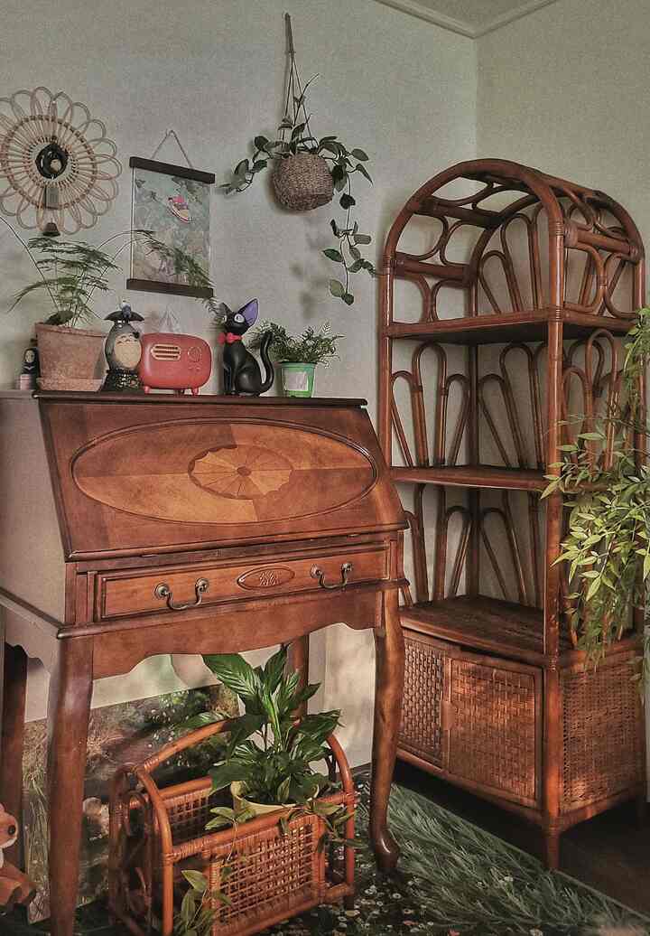 Natural and retro interior space featuring rich brown wood furniture and lush green plants arranged harmoniously