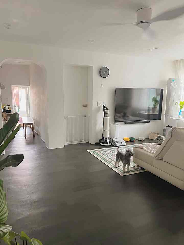 白い壁のリビング、ダークグレーの床にベージュのソファが置かれ、小さな犬が2匹いる雰囲気のある空間