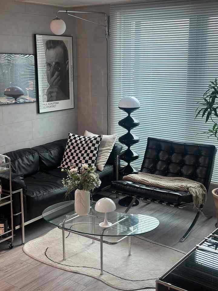 Modern and clean black and white living room featuring black leather sofa and armchair, glass coffee table, and white rug arranged neatly