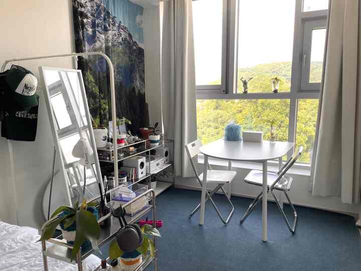 A white and blue toned studio apartment featuring folding chairs and a table near the window with a clean mid-century modern style