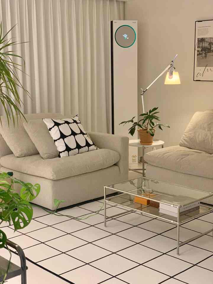 White and natural tone living room featuring two sofas, coffee table, plants, and warm lighting creating cozy atmosphere