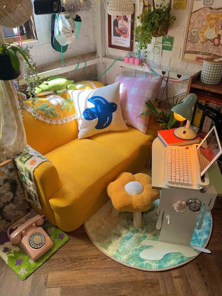 黄色のソファとミント色のスタンドランプが配置された居心地の良いレトロなリビング