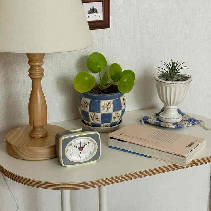 A cozy bedroom interior featuring a natural wood and white tone side table topped with a lamp, potted plants, clock, and book