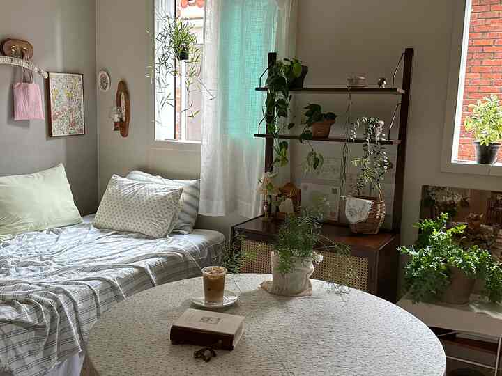 ナチュラルな色調のワンルーム寝室、木製家具と多様な植物が配置された居心地の良い空間