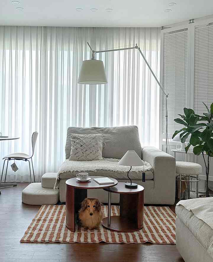 Living room in white and beige tones featuring a sofa, coffee tables with a dog resting underneath, and a floor lamp creating a cozy atmosphere