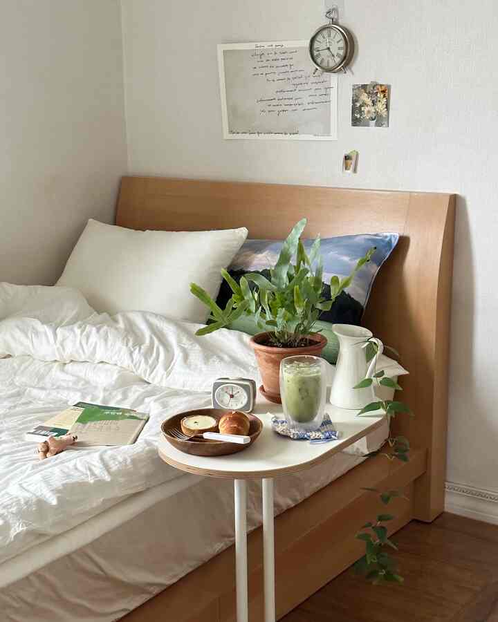 A white and wood-toned bedroom featuring a cozy bed, nightstand, and plants in a simple setting
