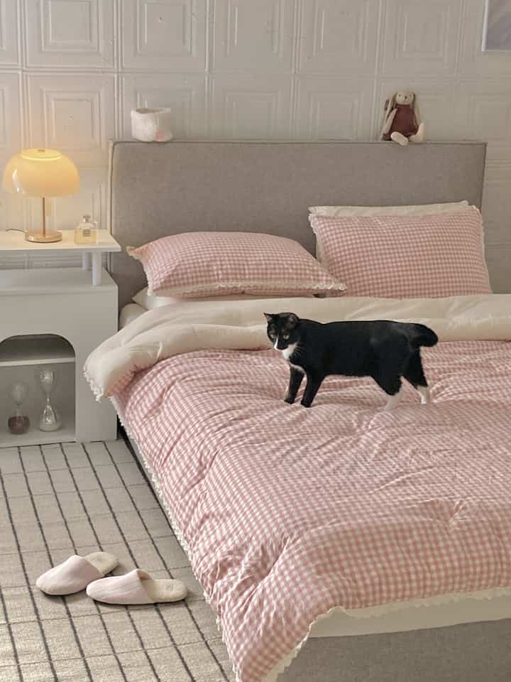 ピンクのチェック柄の寝具と白い壁が調和した寝室、中央のベッドに猫がいる温かみのあるインテリア