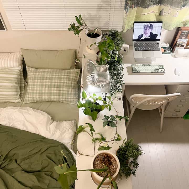 Natural green and white toned bedroom and home office space featuring shelves and plants creating a cozy division