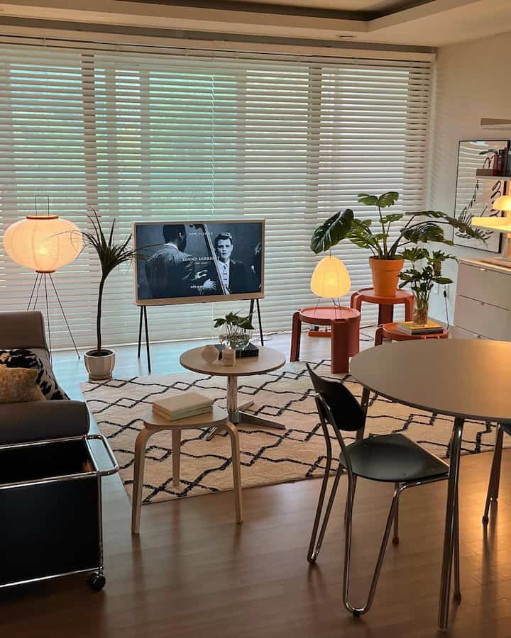 Living room with white and wood tones featuring a sofa bed, various plants, and a patterned rug creating cozy atmosphere